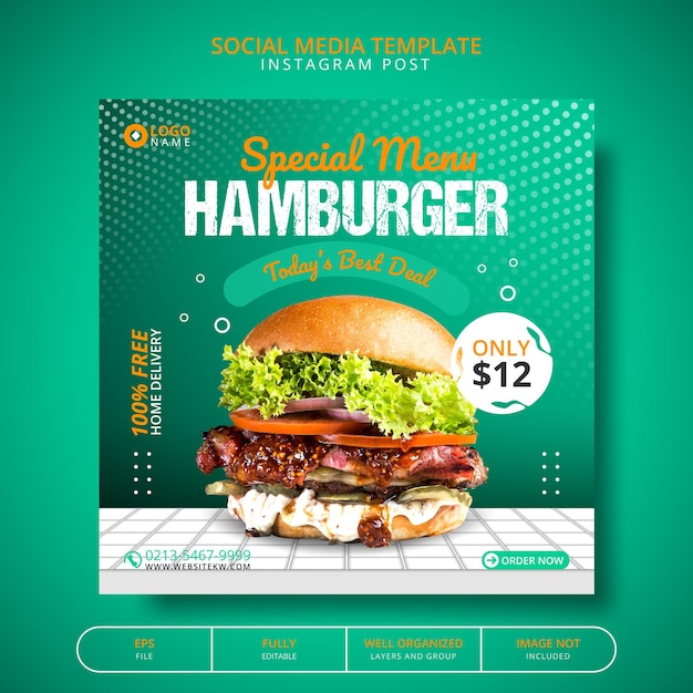 Super Delicious Burger And Food-menu voor postsjabloon voor sociale media