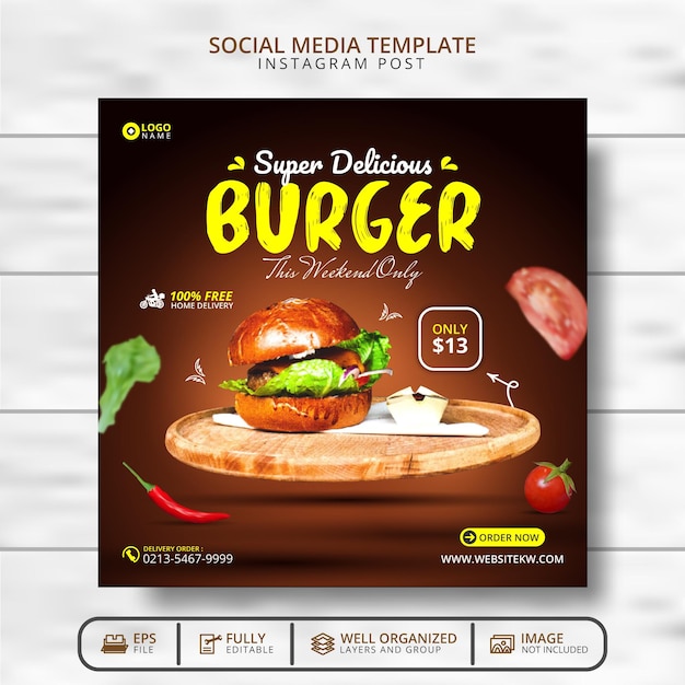 Super Delicious Burger And Food Menu Social Media Post Template Promotion
