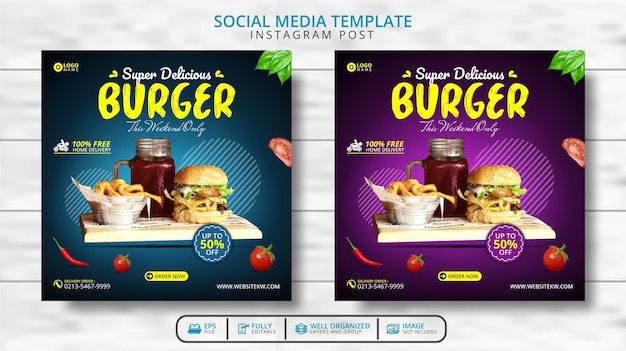 Шаблон сообщения в социальных сетях Super Delicious Burger And Food Menu