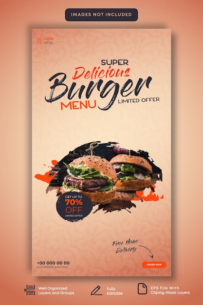 Modello di promozione della storia sui social media del menu dell'hamburger super delizioso eps