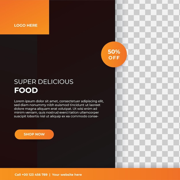 Super delizioso fast food modello di post sui social media sano cibo gustoso banner flyer o poster design per la promozione del marketing aziendale online progettazione del menu dell'offerta del ristorante con logo del marchio