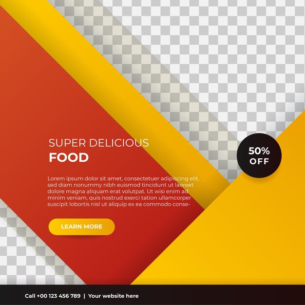 Super delizioso fast food modello di post sui social media sano cibo gustoso banner flyer o poster design per la promozione del marketing aziendale online progettazione del menu dell'offerta del ristorante con logo del marchio