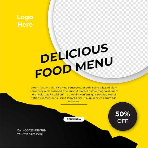 슈퍼 맛있는 패스트 푸드 소셜 미디어 포스트 템플릿 온라인 비즈니스 마케팅 홍보를 위한 건강한 맛있는 음식 배너 전단지 또는 포스터 디자인 레스토랑은 브랜드 로고가 있는 메뉴 디자인을 제공합니다.