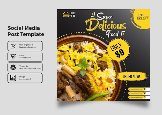 Vettore volantino e poster super delicious food e biryani per modello di post sui social media