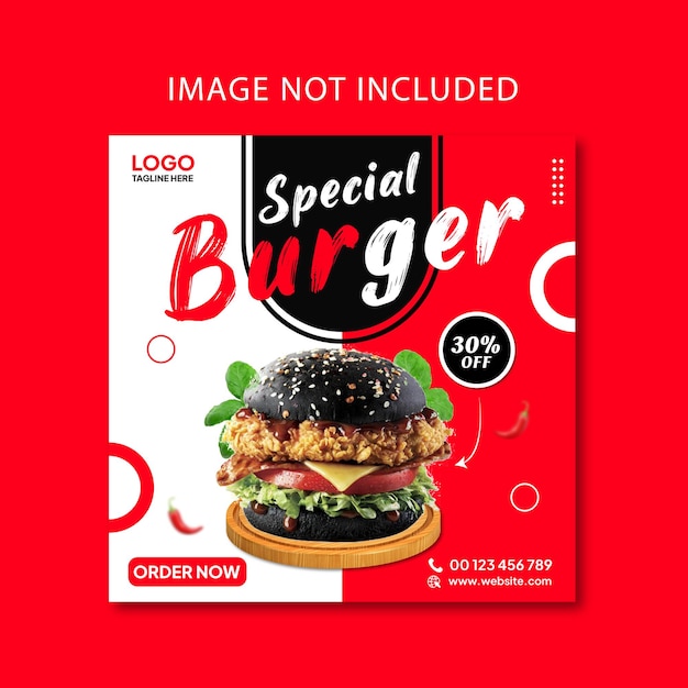 Vector super delicious food burger instagram post ontwerpsjabloon premium vector