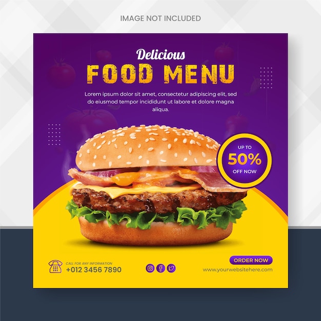 Post di instagram di hamburger di cibo super delizioso o banner quadrato per modello di post sui social media