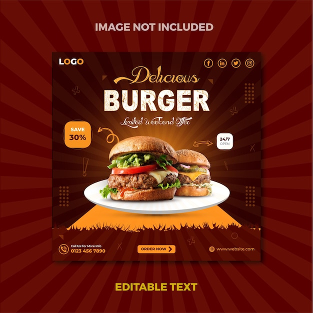 Super delicious hamburger- en voedselmenu en sociale media-promotie van restaurants en bannersjabloon