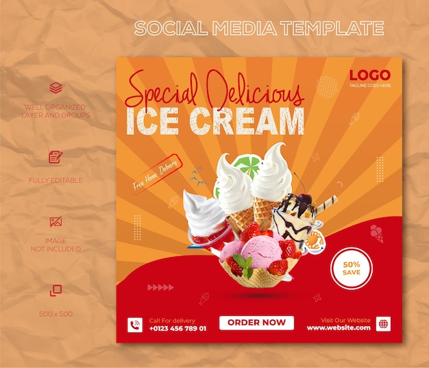 Социальные сети super delicious ice cream пост в facebook и instagram или дизайн квадратного баннера
