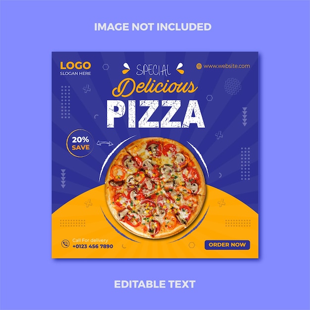 Super Delicious pizza- en voedselmenu en sociale media-promotie van restaurants en bannersjabloon