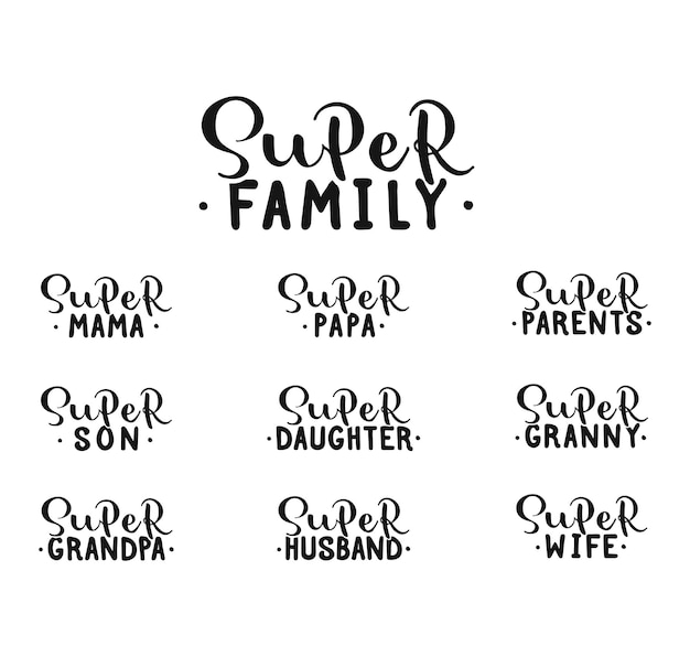 Super famiglia set disegnato a mano con scritte