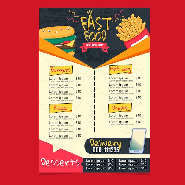 Ristorante menu super fast food