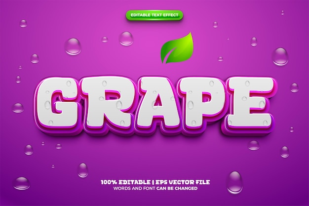 Super Fresh Grape met waterdruppel 3D logo sjabloon bewerkbare tekst effect stijl