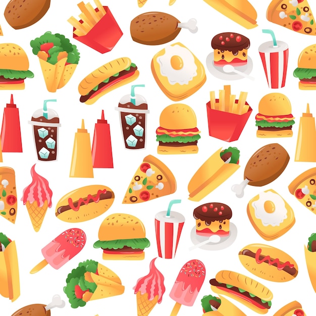 Super fun fast food seamless pattern background