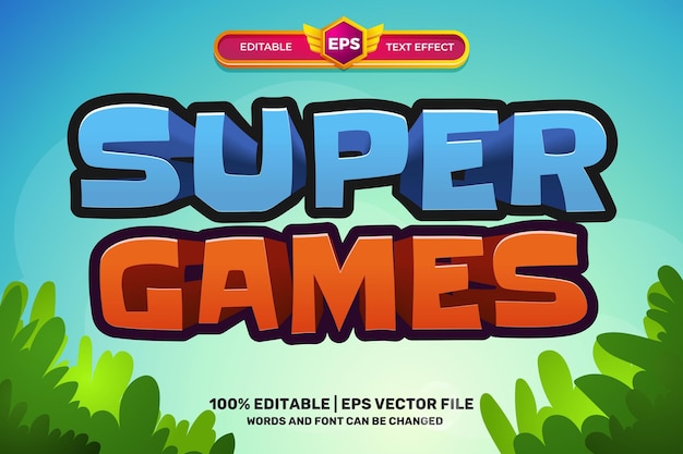Vettore super giochi cartoon bold 3d testo modificabile effetto stile