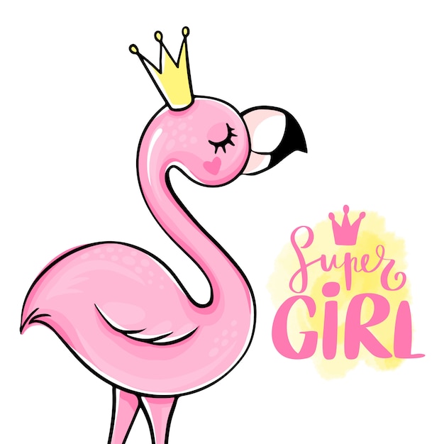 Super girl. pink princess flamingo. Trendy illustration.