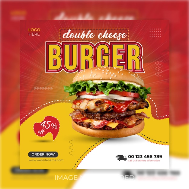 Super heerlijk eten hamburger en instagram post ontwerpsjabloon