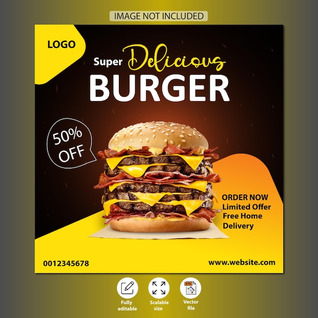 Super heerlijke hamburger en eten menu sjabloon voor spandoek voor sociale media Gratis vector bestand