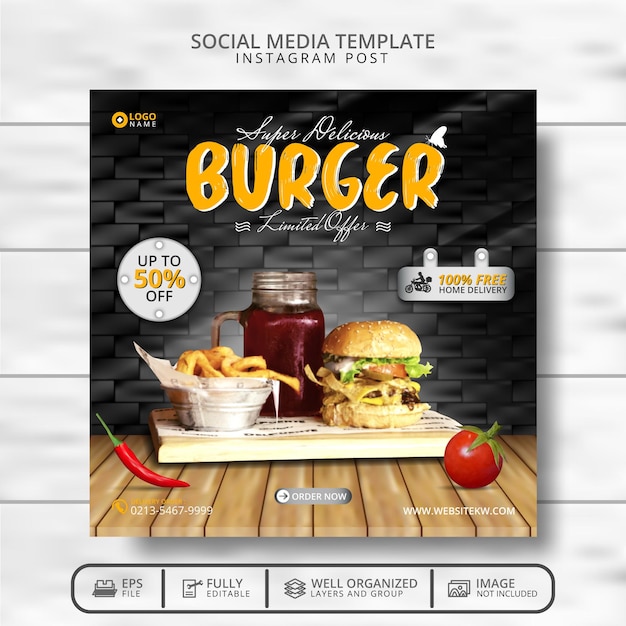 Super heerlijke hamburger en eten menu social media post template-promotie