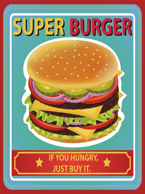 Super heerlijke hamburger retro poster Vectorillustratie kan worden gebruikt voor voedselmenu of posters ontwerp prints web en andere ambachten