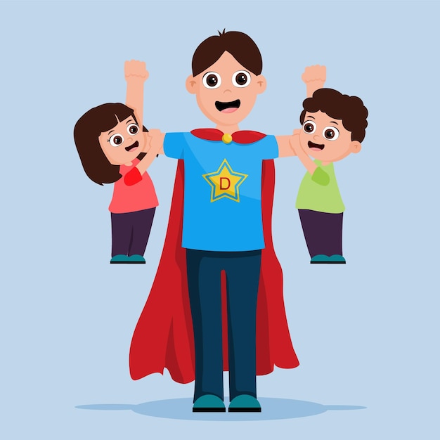 Vector super hero dad with his two children