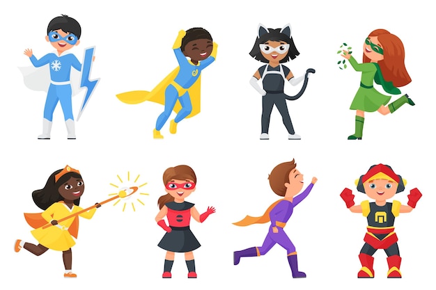 Super hero kids set, children in colorful costumes for party