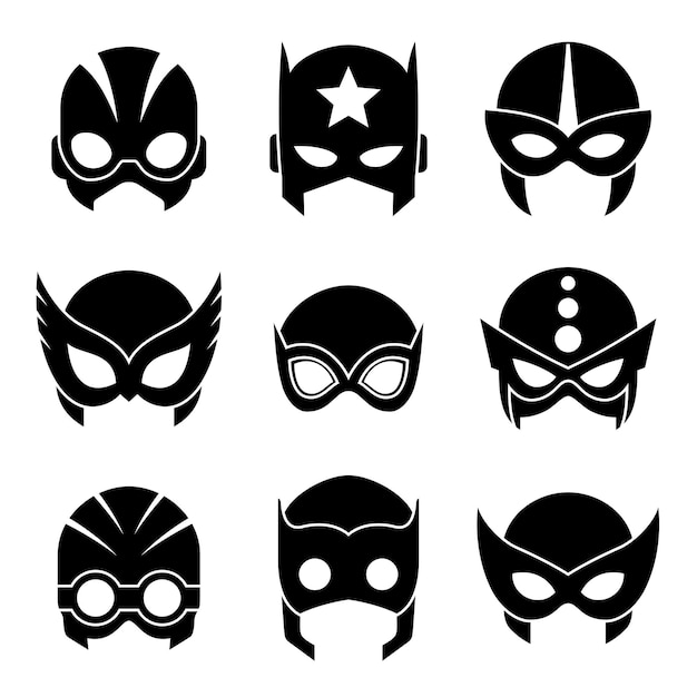 Vettore maschere da supereroe impostano icone nere maschera da supereroe e maschera di mascheramento di personaggi dei cartoni animati di fumetti