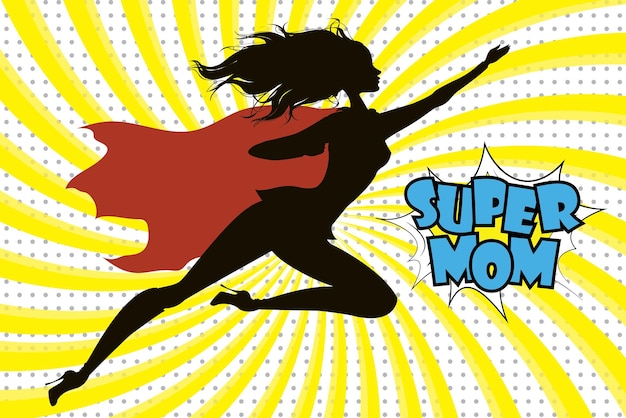 Super Hero Mommy silhouette and text in retro comic style Stock vector illustration