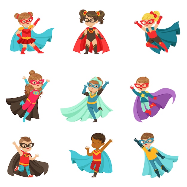 Super kids set, boys and girls in superhero costumes colorful  illustrations