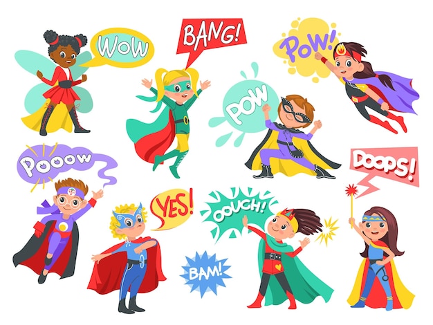 ベクトル 漫画の吹き出しを持つスーパーキッズ カラーマントとマスクを持つ子供たち 衣装を着た面白い勇敢な男の子と女の子のキャラクター 英雄的なポーズで立っているスーパーヒーロー ベクトル若いヒーローセット