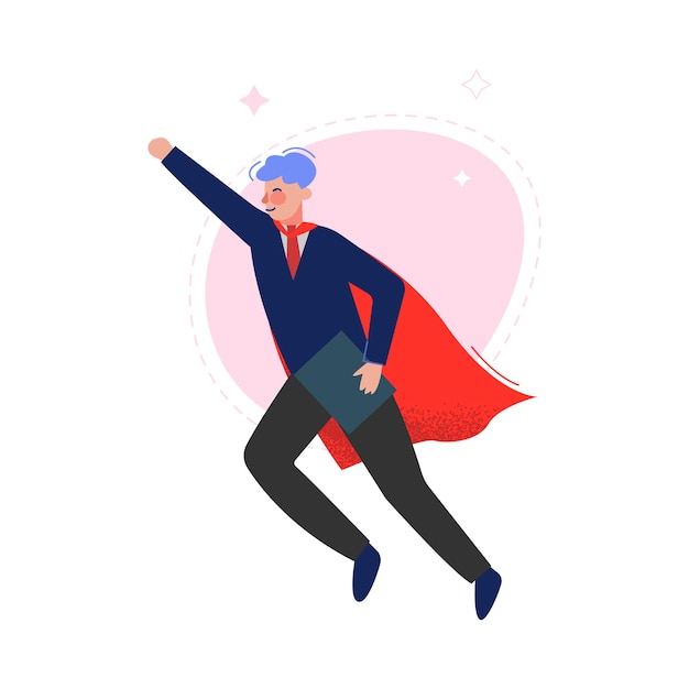 Vettore super uomo in rosso che agita il mantello che vola super eroe di successo personaggio aziendale leadership sfida realizzazione degli obiettivi vettore illustrazione