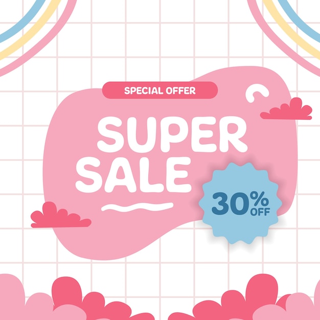 Super mega sale aanbieding promotiebanner met speciaal abstract schattig kawaii memphis-element voor baby-kind-kinderen