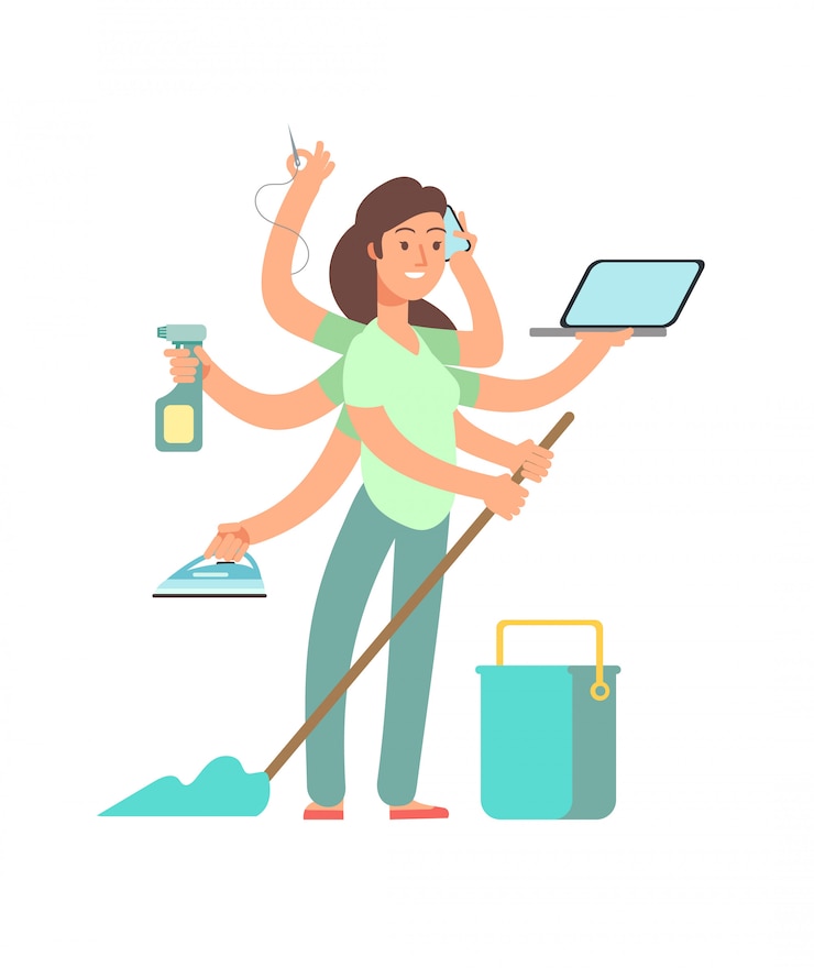 Vector super mom  . stressed mother in business and housework activities