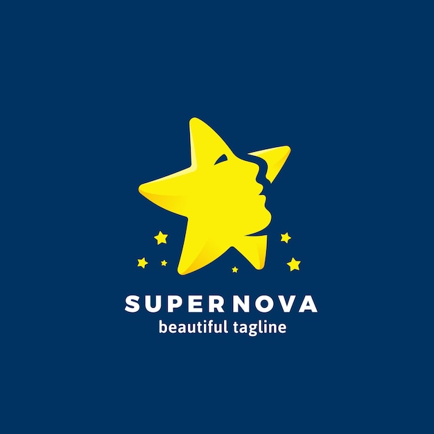 Super Nova Abstract Vector Sign Emblem or Logo Template Beautiful Woman Face Incorporated into Star Silhouette Flat Style Symbol with Modern Typography