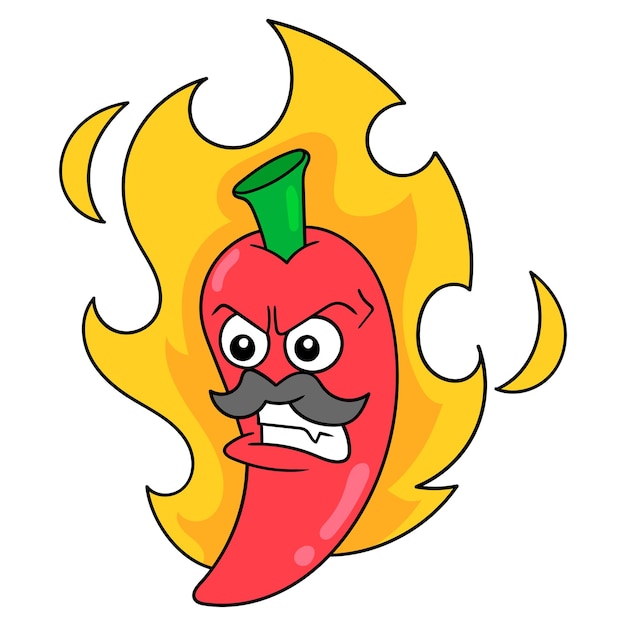 Super pittige rode chili in brand, vector illustratie kunst. doodle pictogram afbeelding kawaii.