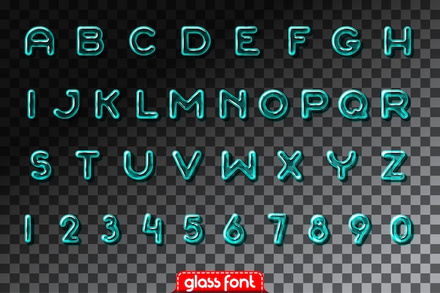 Super realistic glass alphabet font with trancparency and shadows