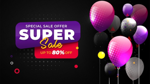 Super realistic sale discount dark premium background with shiny balloons and flying modern design