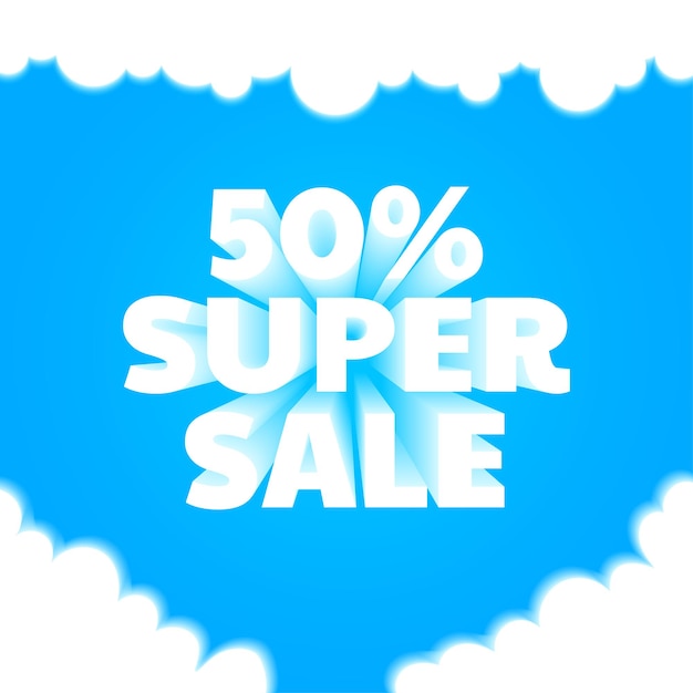 Super sale 50 banner template. Blue sky background, puffy clouds. Social media discount, coupon