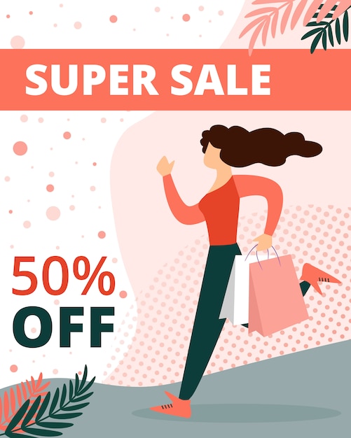 Super sale-banner met vrouw in casual kleding