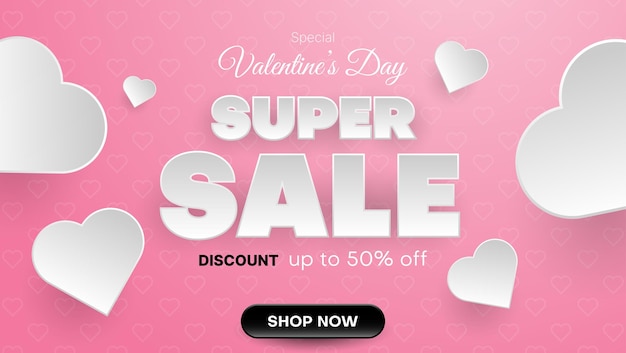 Super sale banner special valentine's day in pink and white color with paper style. realistic valentine's day background. business vector illustration