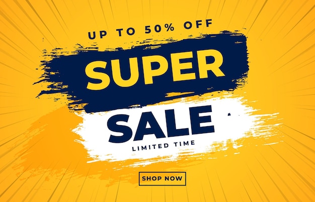 super sale banner with blue and white brush stroke and yellow background