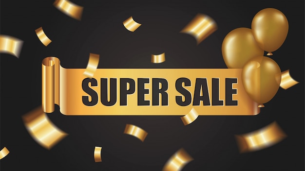 Super sale banner with golden ribbon roll, confetti and balloons on black background