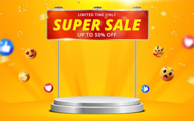 Super sale banner with podium template design and billboard