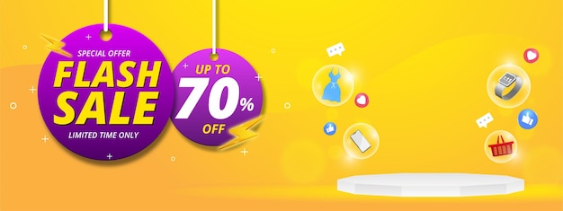 super sale banner with podium template design and emoji icon