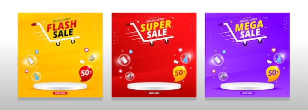 super sale banner with podium template design and emoji icon