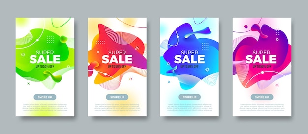 Super sale banners. Background with abstract multicolored fluid shape. Promo design up to 50% off. Vector illustration.