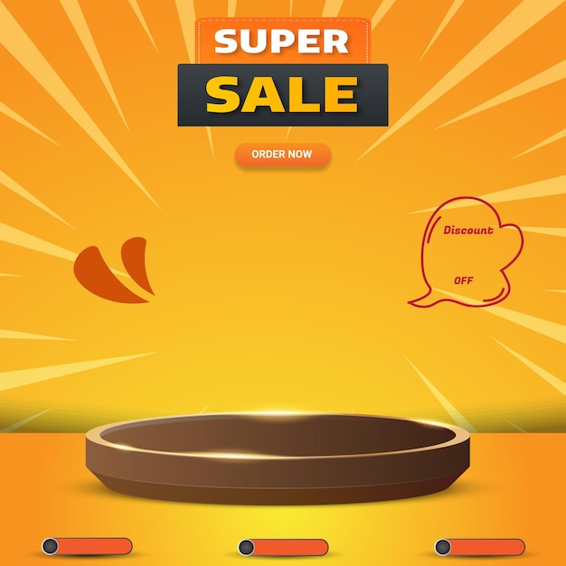 Super sale discount template banner with blank space 3d podium for product sale with abstract gradient orange and yellow background design