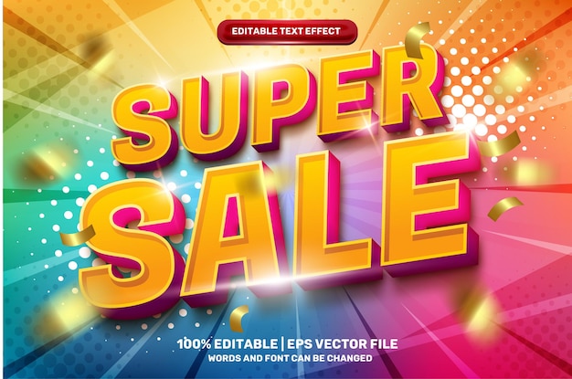 Super sale hype modern 3d bewerkbaar teksteffect met kleurrijke halftone komische achtergrond