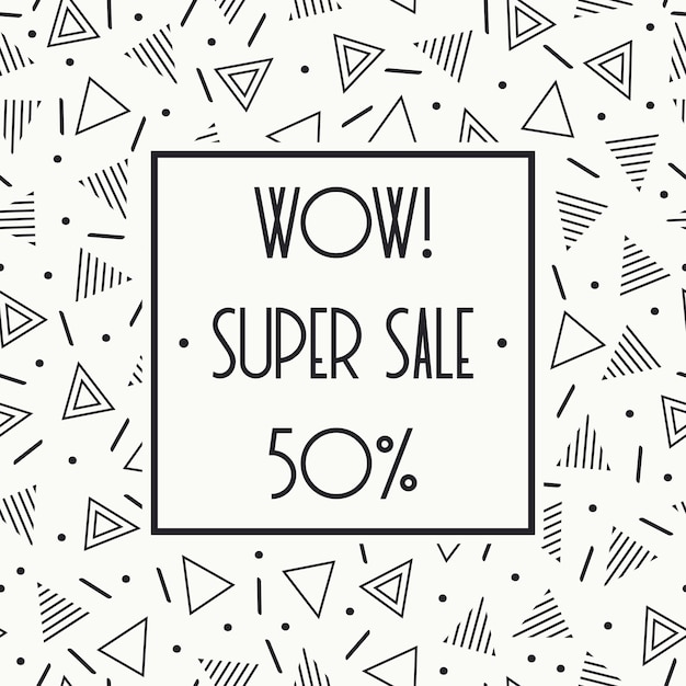 Vector super sale memphis banner. discount up to 50 percent off. shop now. half price off.