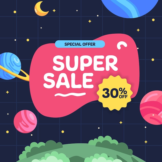 Super Sale offer banner promotion for kid and children with space planet astronomy theme concept