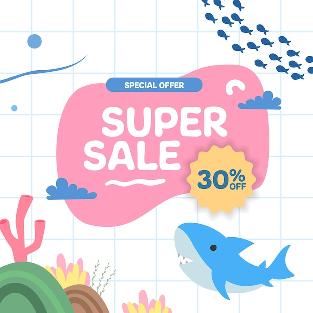 Vector super sale offer promotion discount for kid toddler with cute shark and underwater nature landscape ocean sea marine